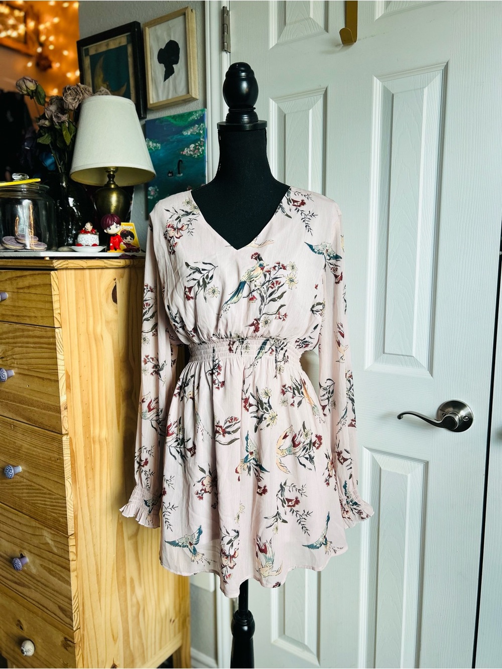 H&M Mama pink floral hummingbird long sleeve chiffon maternity blouse